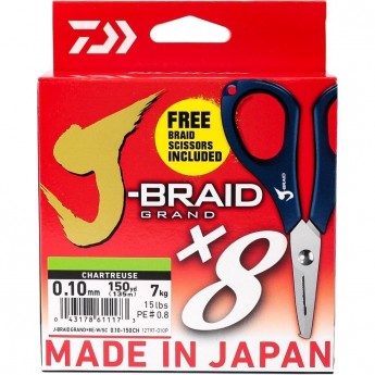 Шнур DAIWA J-Braid X8E-W/SC 0,10мм 135м chartreuse + ножницы Шнур DAIWA J-Braid X8E-W/SC 0,10мм 135м chartreuse + ножницы